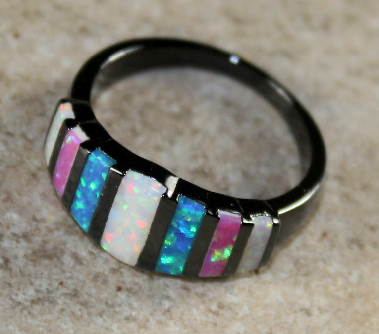 BLACK SILVER Elegant Blue, White & Pink Fire Opal Rainbow Ring WR41505