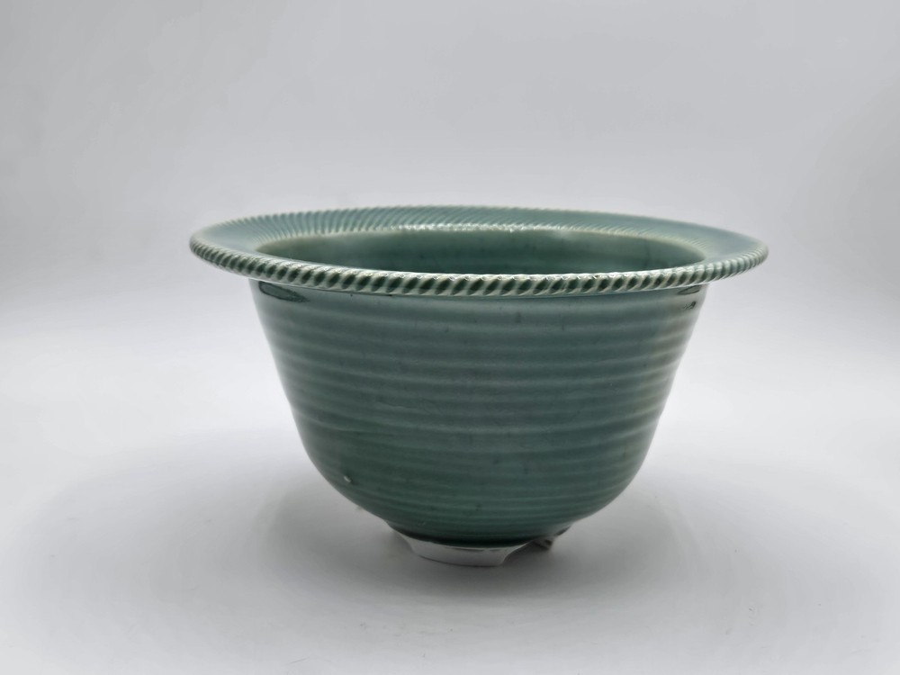 Ceramic Planter Celedon Green Ribbed Design Footed Signed