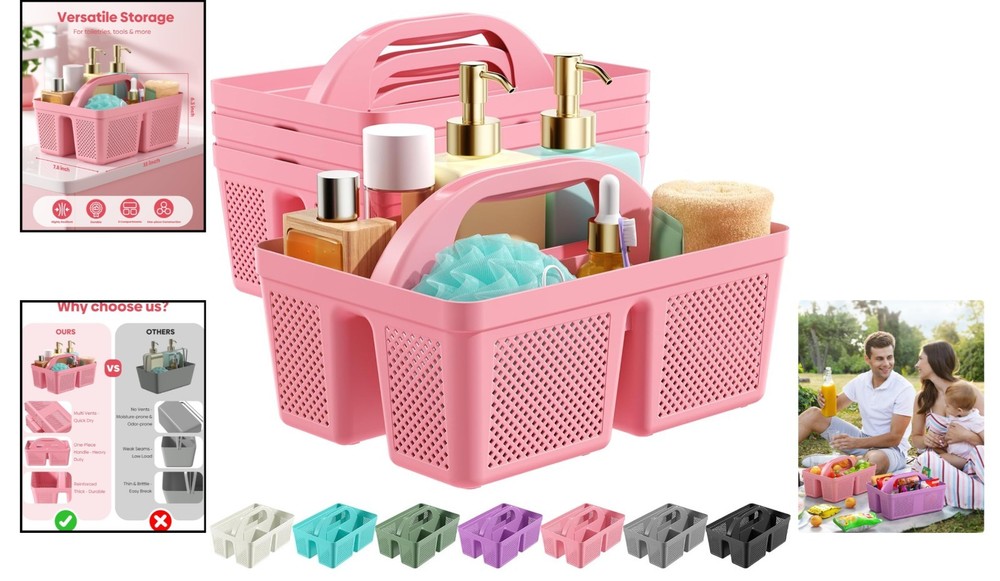 4 Pack Portable Shower Caddy - Pink, Integrated Handle for Effortless Storage