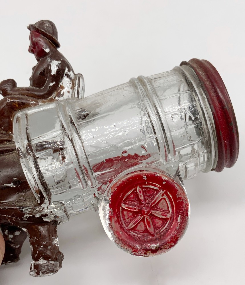 Antique glass Driver & mule pulling barrel cart glass candy container