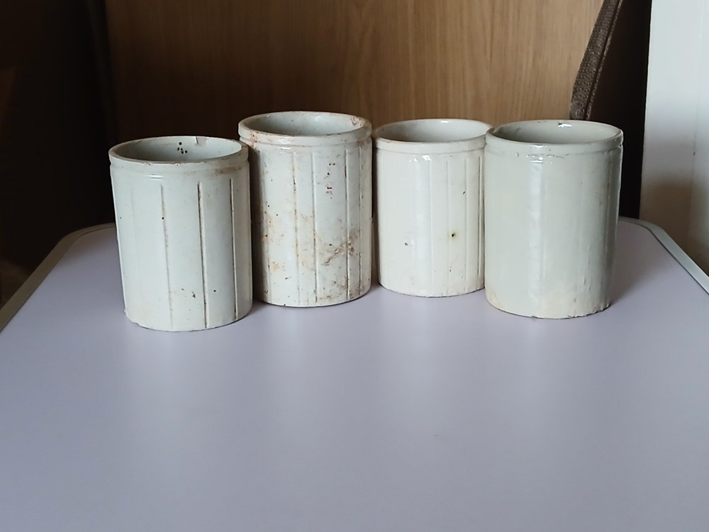 4 Old 1LB Off White Stoneware Jam Pots