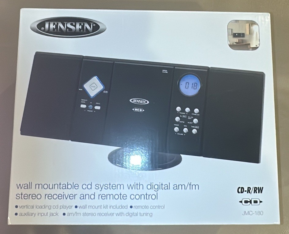 Jensen Wall Mountable CD System Alarm Clock Digital AM/FM Stereo Model #JMC-180D