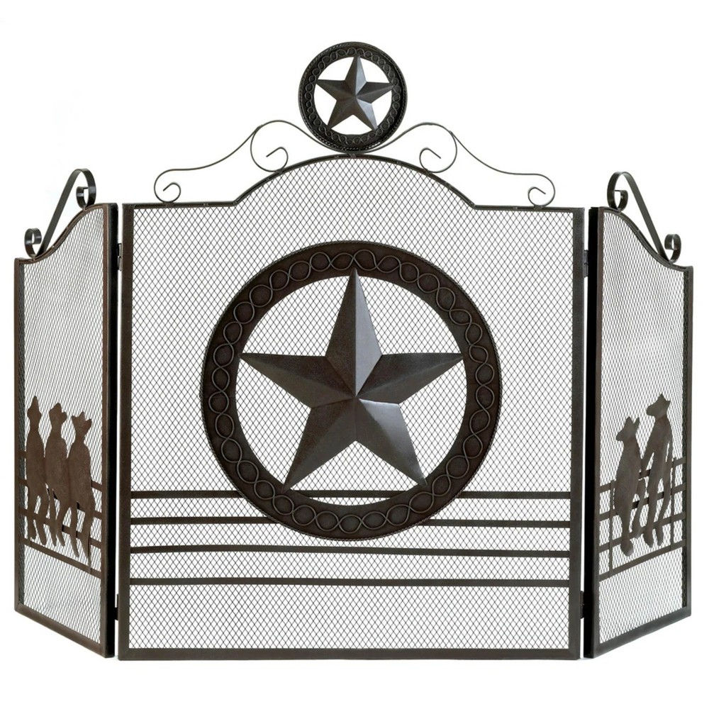 Texas Lone Star Fireplace Foldable Iron Screen 3 Panel Spark Ember Guard 35" H