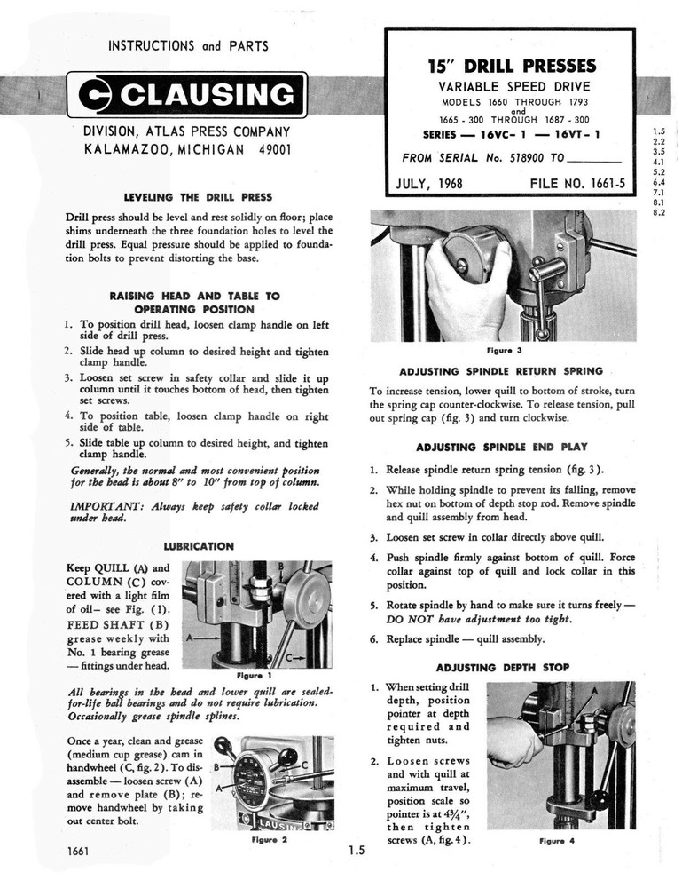 Clausing 15" Drill Press Variable Speed Model Instruction & Parts Manual #1293