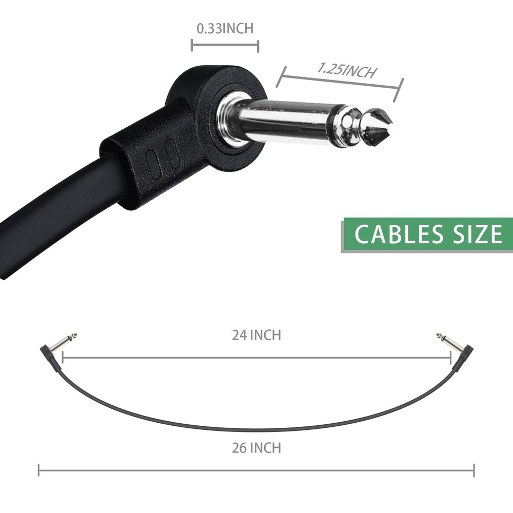 24 Inch Guitar Patch Cables, 1/4 TS Right Angle Effect Pedal Flat Cables