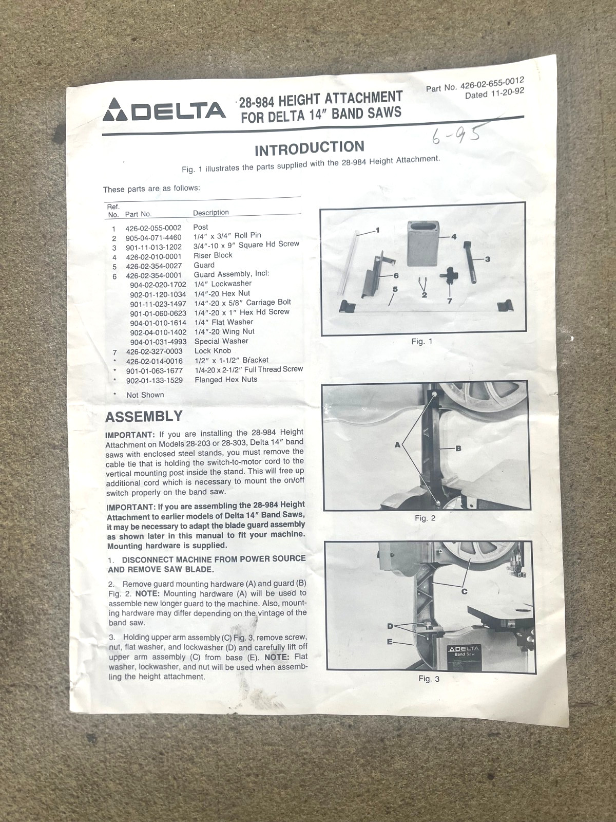 Delta Rockwell 14" Band Saw 6" Riser Block Height Extension Kit -- Round Post