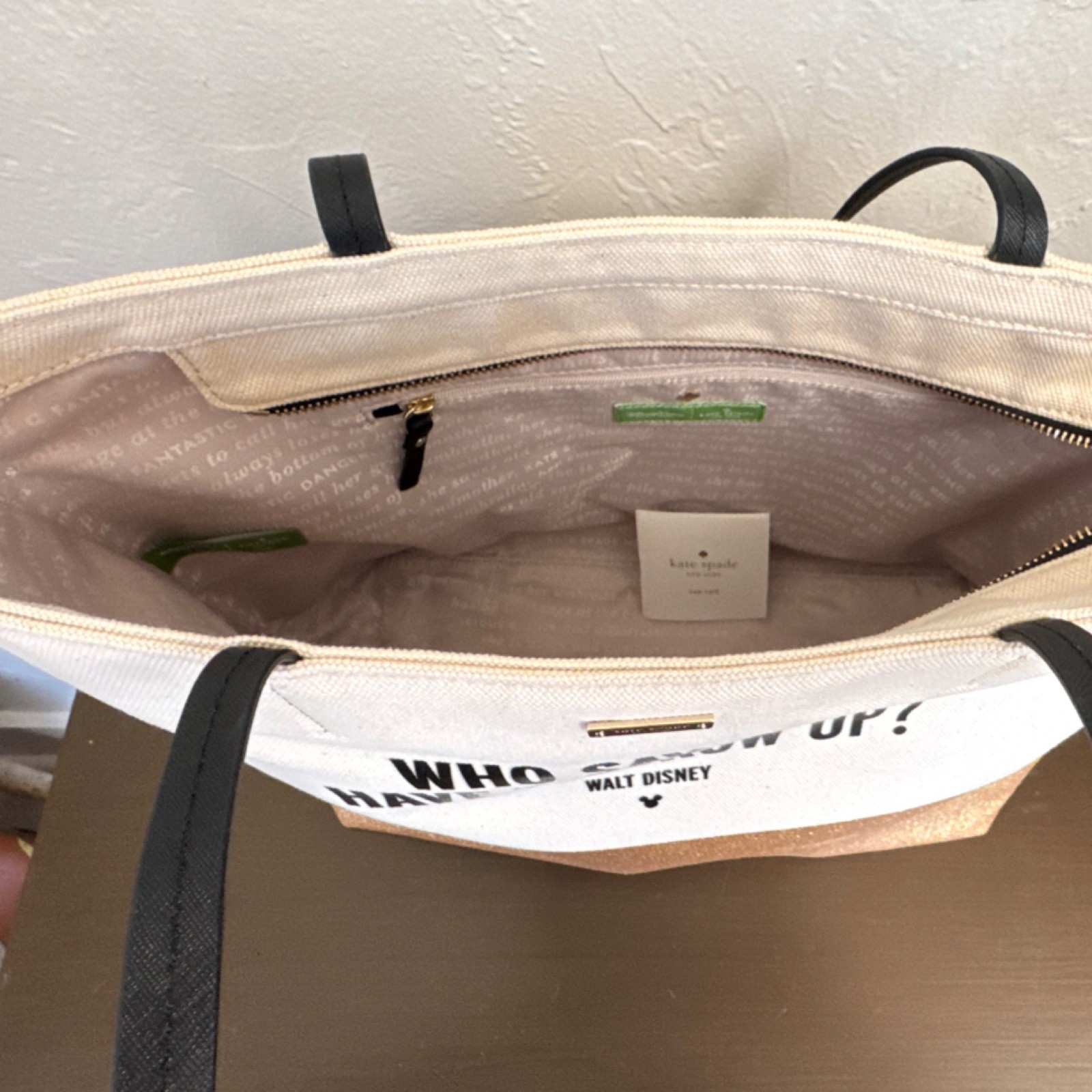 Kate Spade Disney large Tote Purse Beige Gold 'Who Says We Have To Grow Up?'