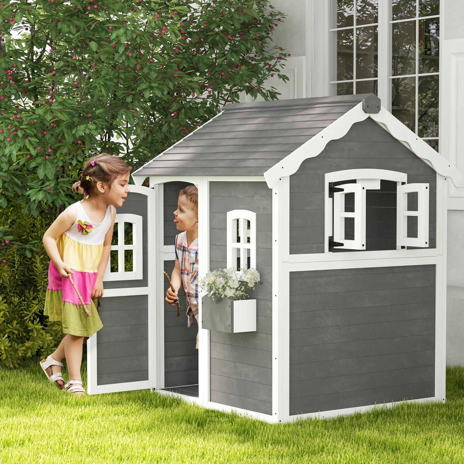 Playhouse for Kids Outdoor with Floors, for 3-8 Years Old, Gray