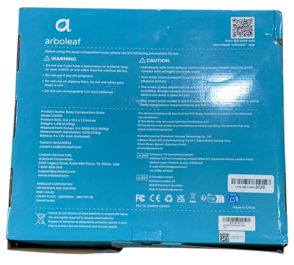 Arboleaf CS10E Eight Electrode Body Composition Smart Scale Bluetooth, Tested