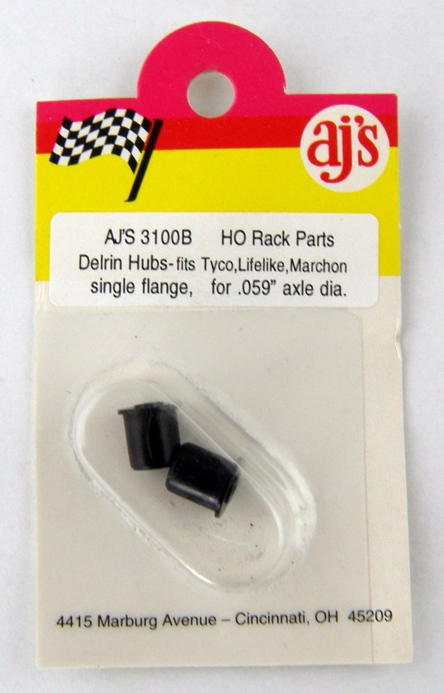 HO Scale 2 Delrin Hubs, Single Flange for .059" Axle Dia. - Black - AJ's #3100B
