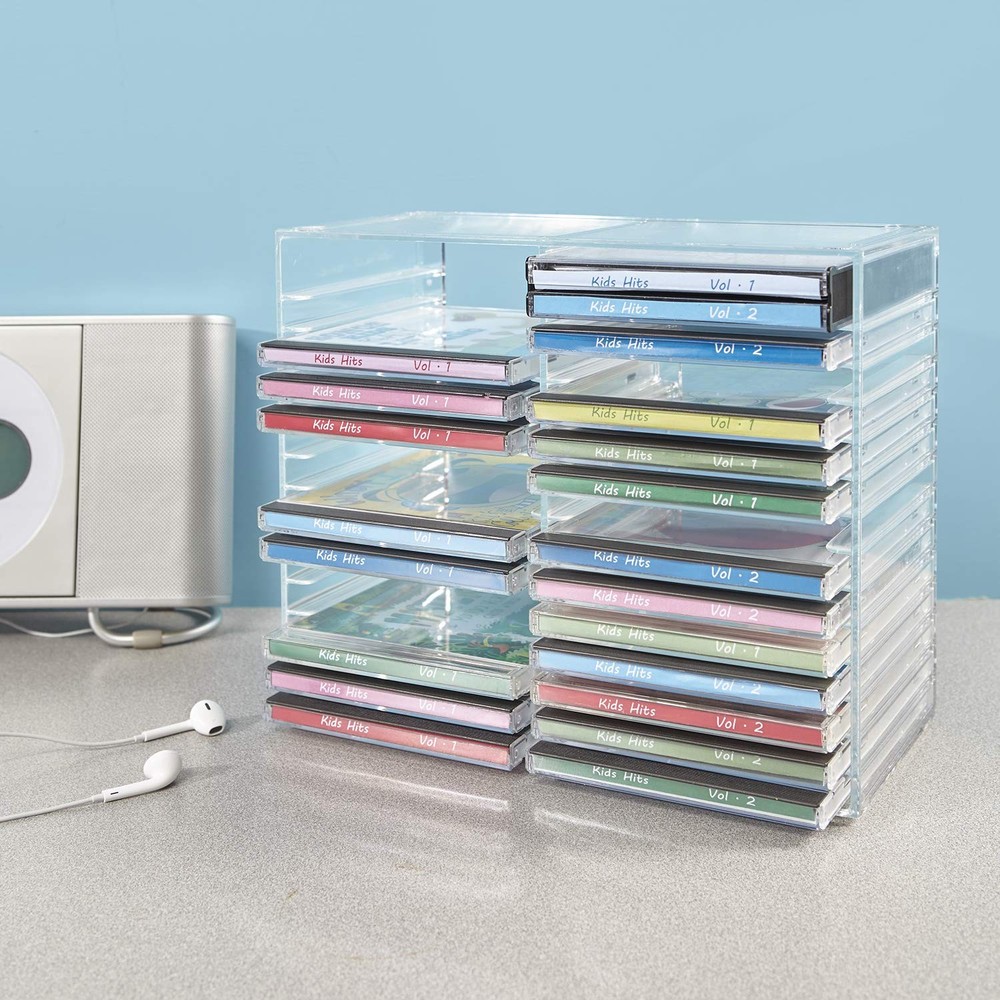 Stackable Clear Plastic CD Organizer with Rubber Feet | Rectangular Jewel Cas...