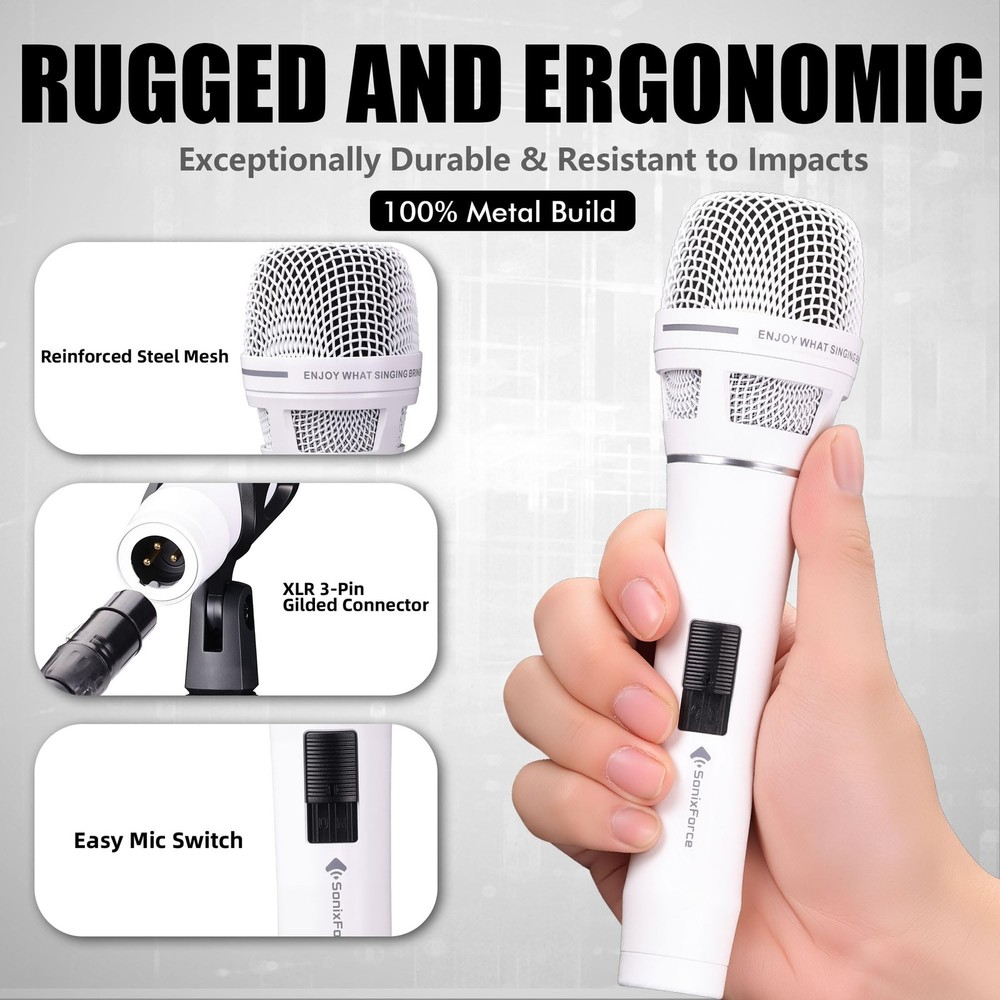 SonixForce Dynamic Microphone - Premium Handheld Wired Mic with 16ft A-White