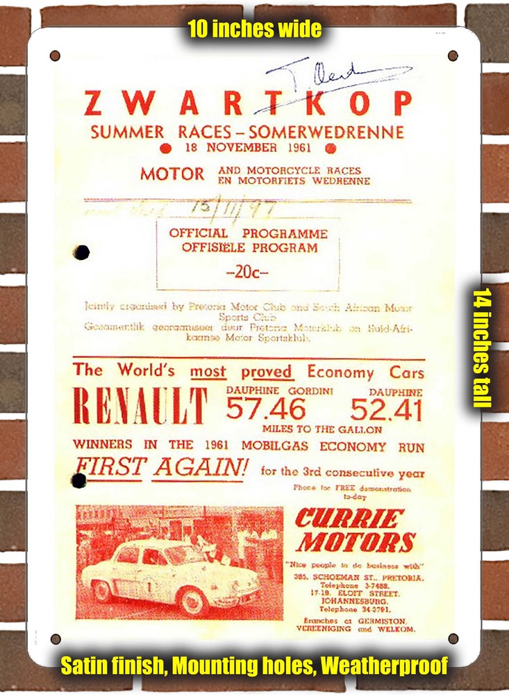 Metal Sign - 1961 Zwartkops Racing Program - 10x14 inches