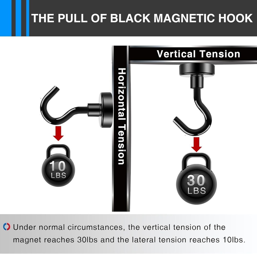 Magnetic Hooks, 12 Pack - Heavy Duty, Black, Rust Resistant, 30lbs Capacity, ...