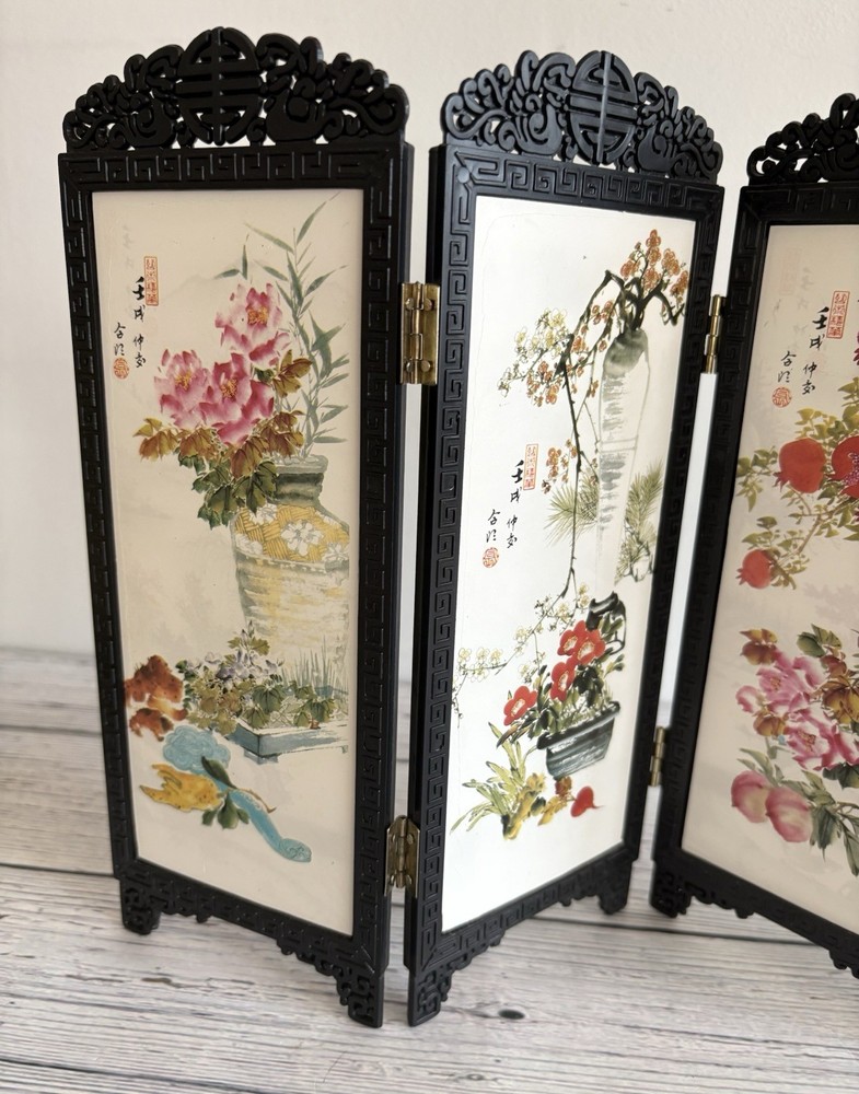 Vintage Asian Style Mini Folding Screen 9” Table Top Room Divider