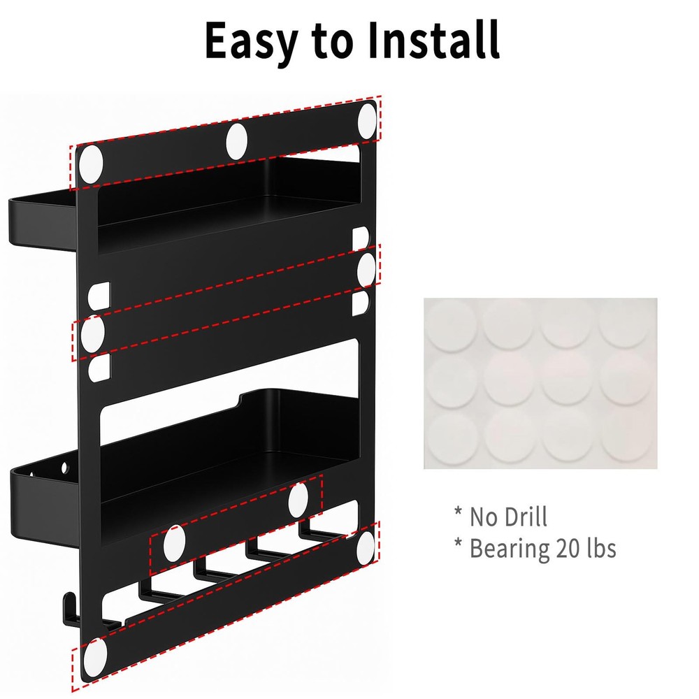 Adhesive Bedside Wall Shelf Organizer 5 Hooks Cable Clips Storage Black