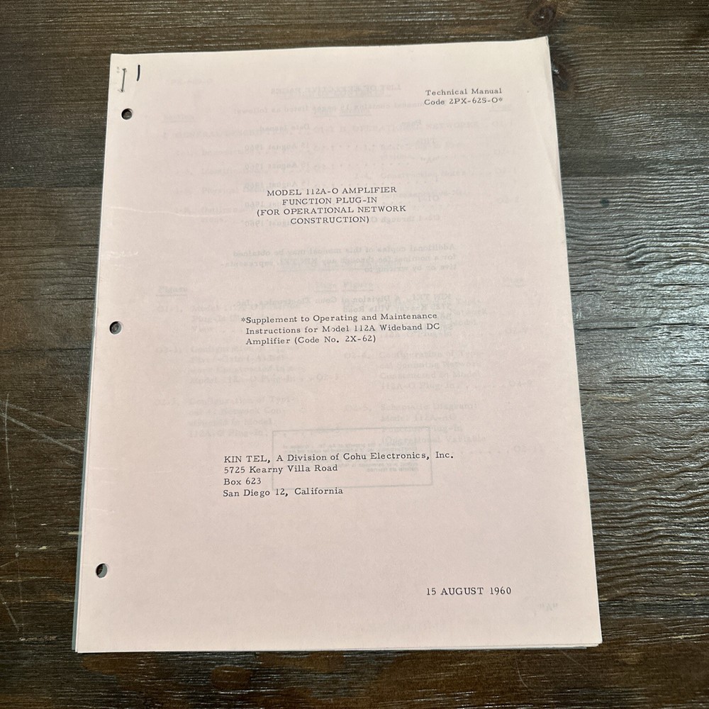 Kin Tel Model 112A-O Amplifier Function Plug-In Technical Manual Aug 1960