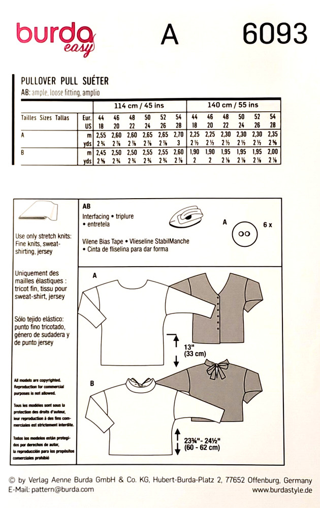 Burda 6093 Misses' Pullover Deep Back Neckline, Slit & Bow Sewing Pattern 18-28