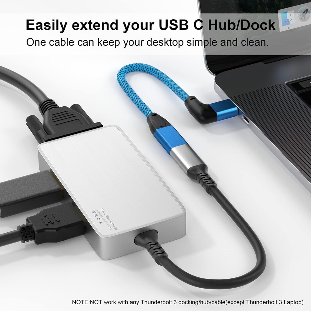 UseBean Right Angle USB C Extension Cable 0.6FT, 90 Degree USB-C BLUE