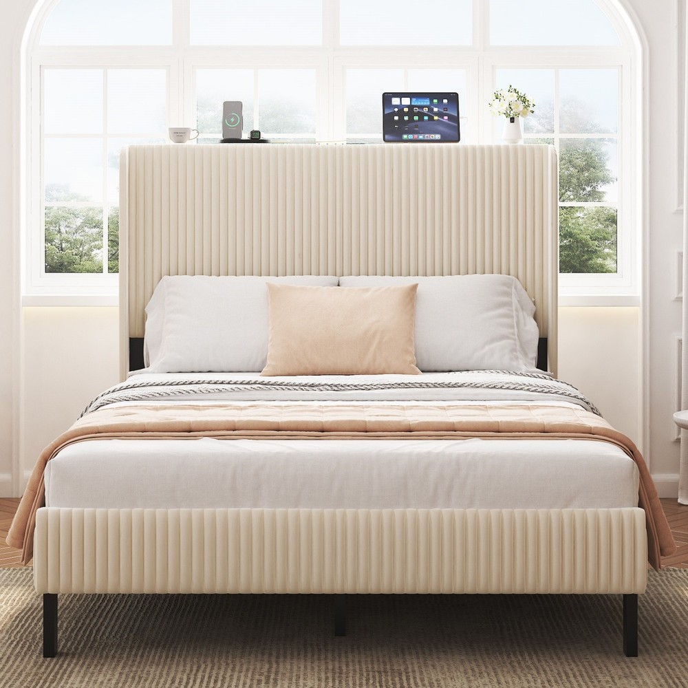 Full/Queen/King Size Bed Frame Metal Platform Bed with Headboard & LED Lights