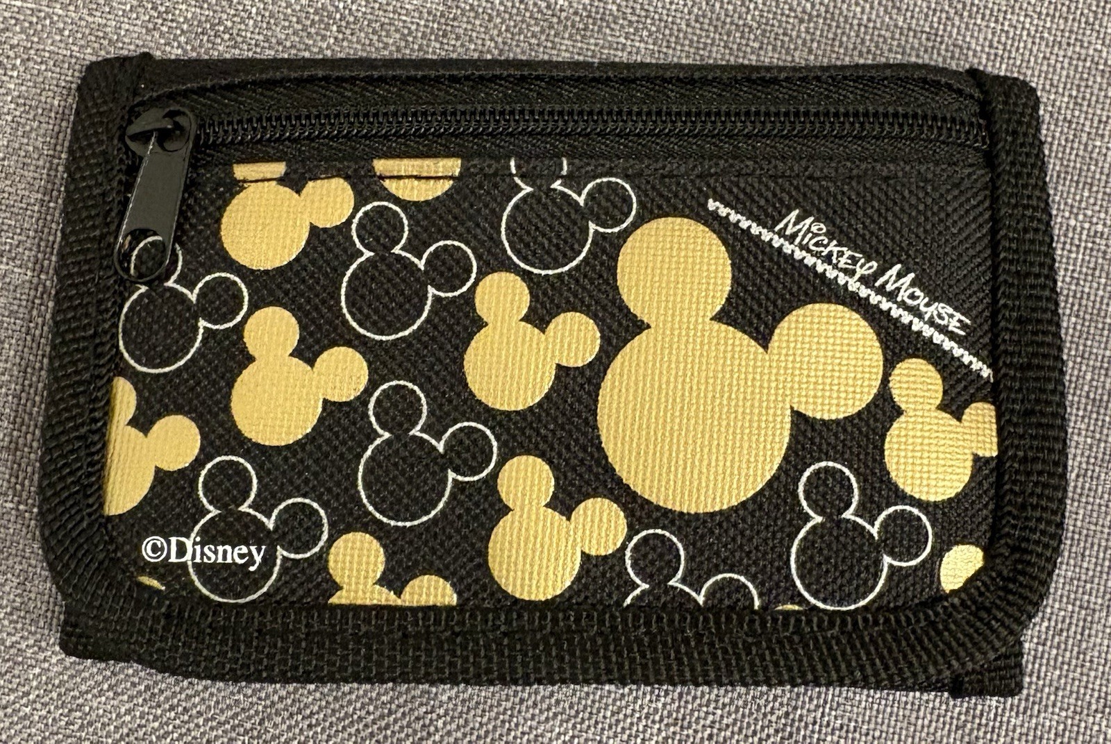 New Disney Mickey Mouse Black and Gold Canvas Trifold Wallet w/Zippered Pocket