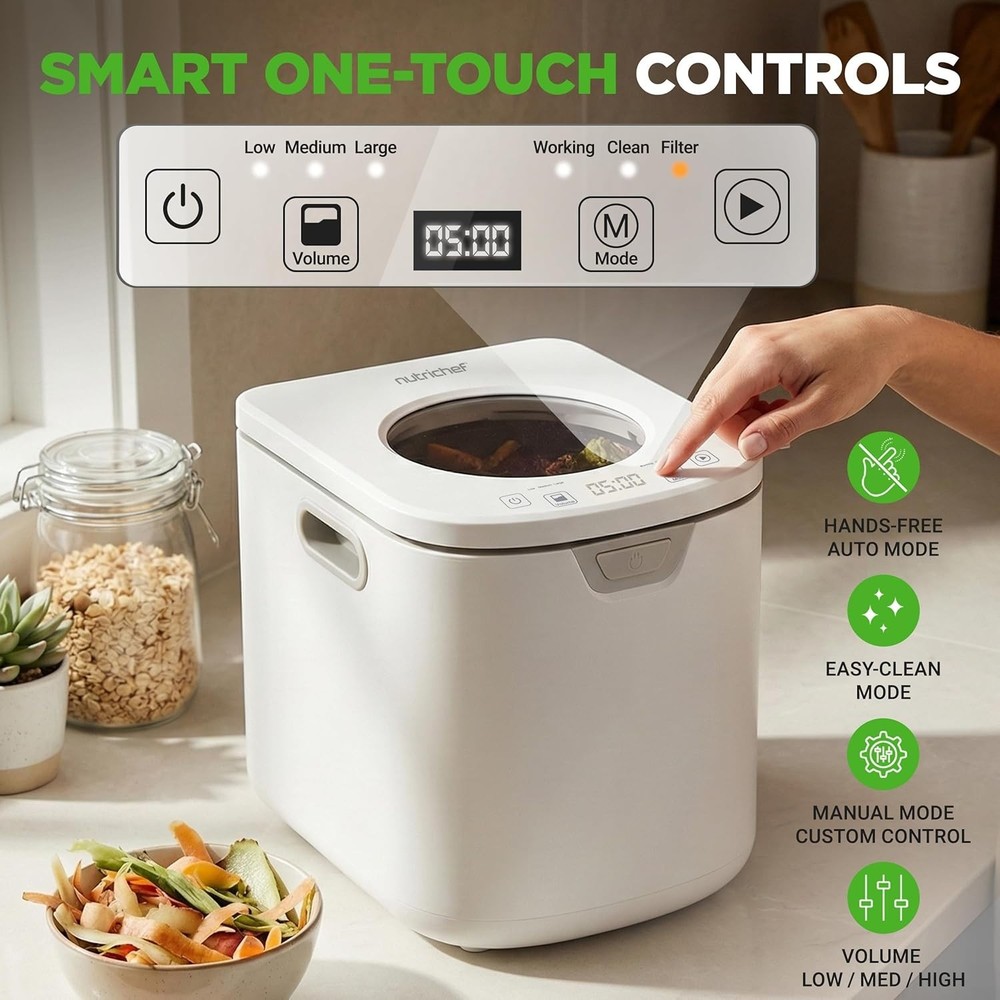 NutriChef 4 Quart Electric Kitchen Composter | Smart Countertop Composter White