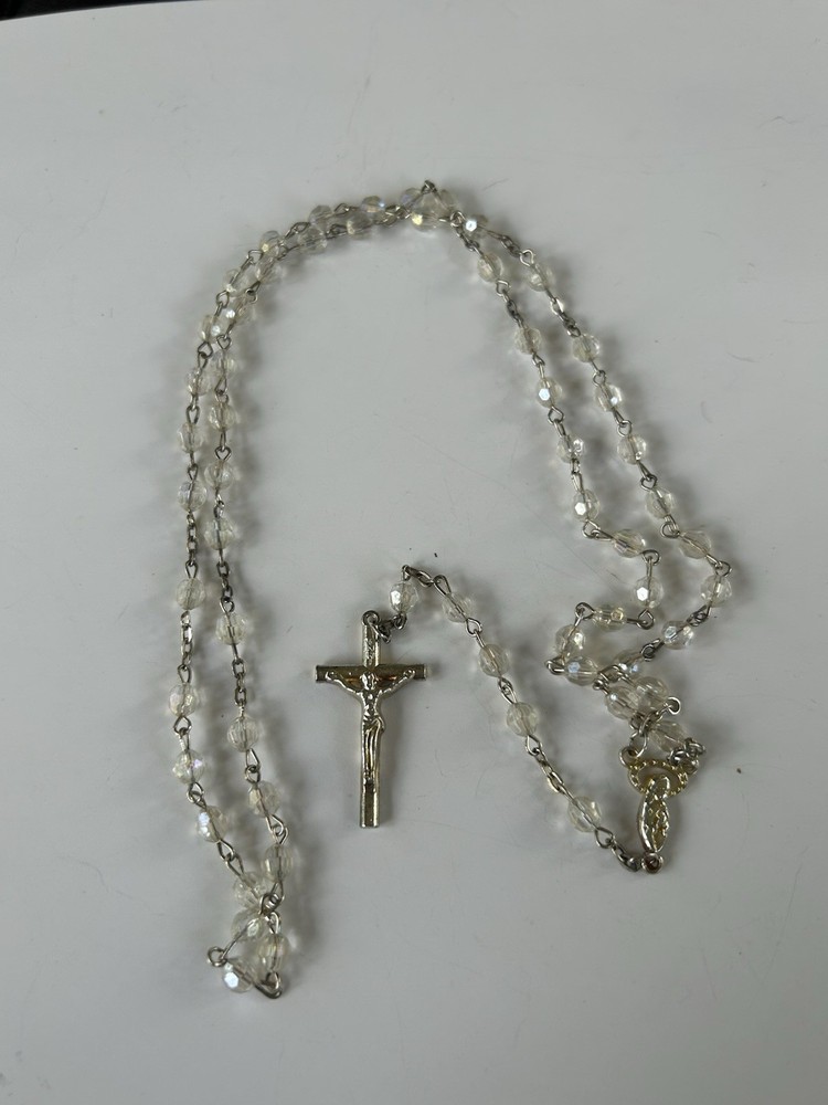 Vintage Rosary Silver Tone AB Aurora Borealis Acrylic Beads 21” Cross 5 Decades