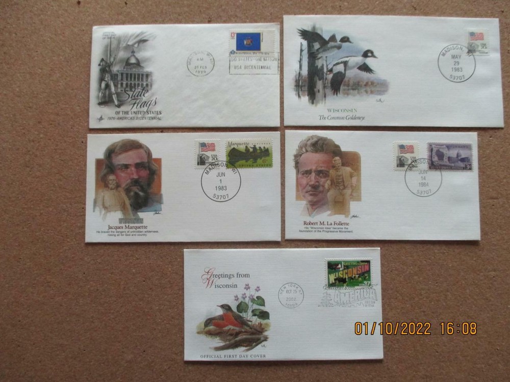 Wisconsin: 5 Various First Day Covers