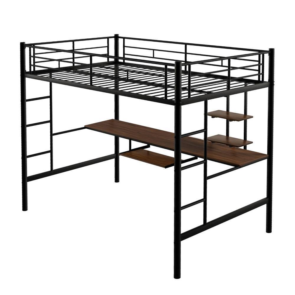 Full Size Bed Frame Loft Bed with Desk and Shelf , Space Saving Design Black