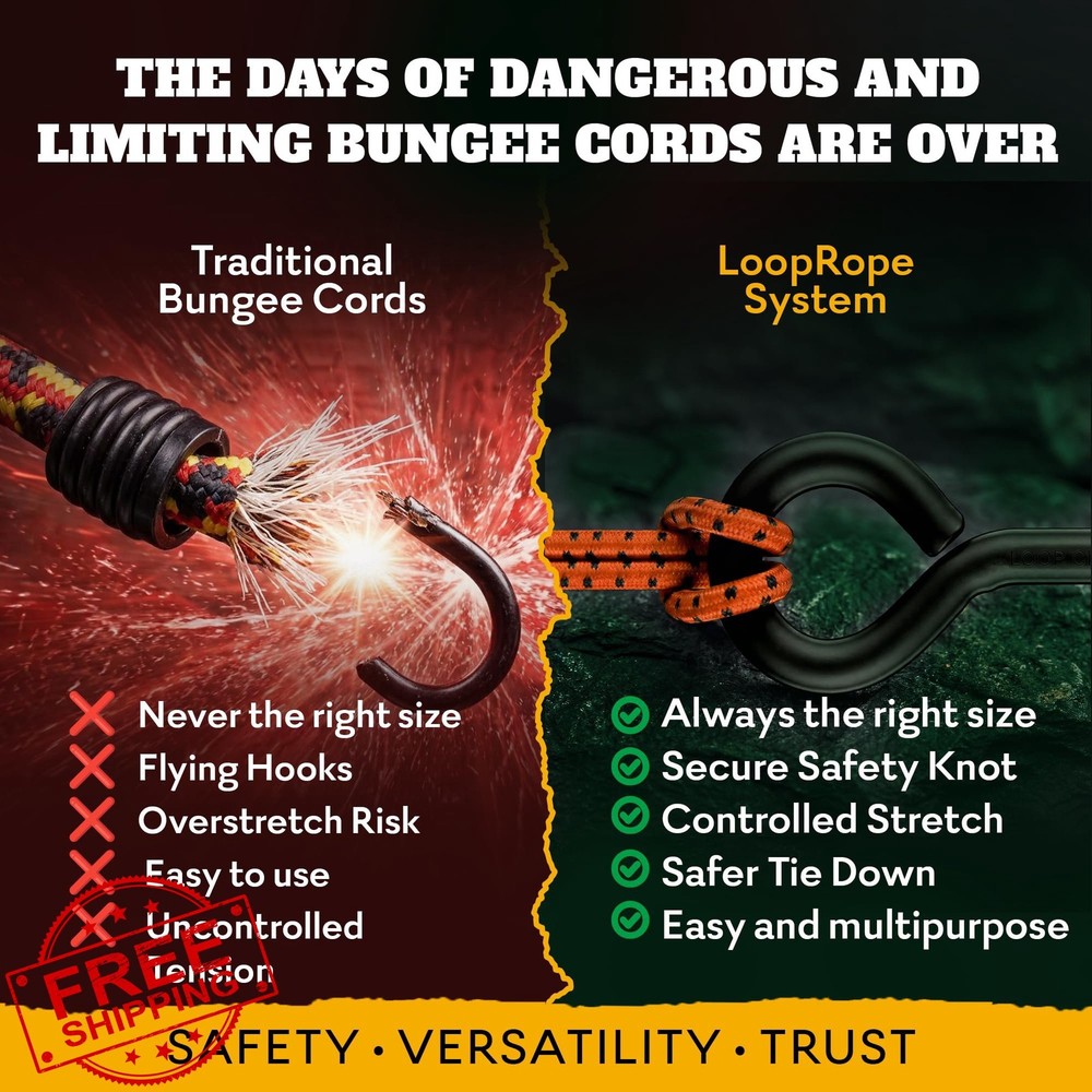 LoopRope 5ft Bungee Cord with Hooks Adjustable Multi-Loop Tie Down Carabiners