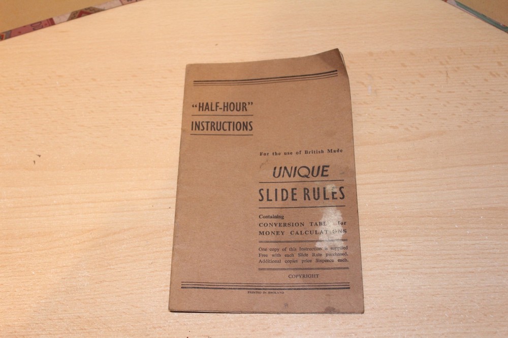 UNIQUE SLIDE RULES "HALF-HOUR" INSTRUCTIONS BOOKLET - CONVERSION TABLE FOR MONEY