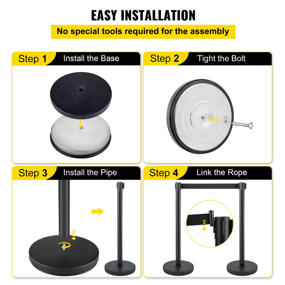 6 PCS Crowd Control Stanchion Barrier Queue Post Set w/ 6.6 ft Black Belt