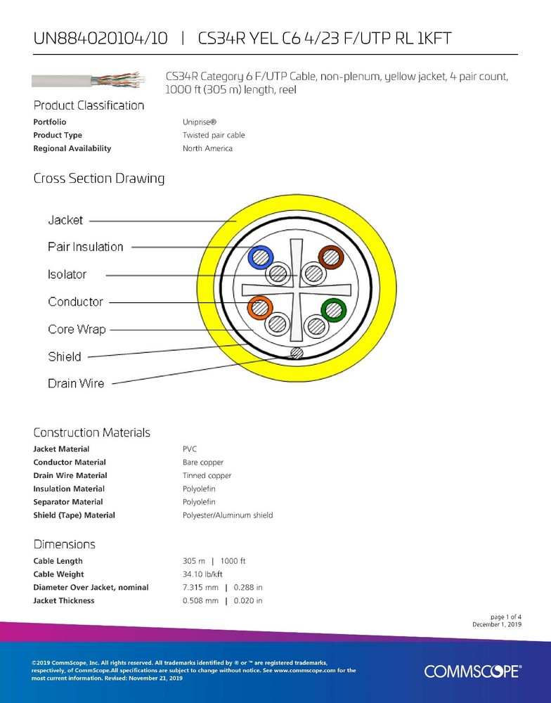 Commscope CS34R 23/4P Cat6 F/UTP WebTrak Riser Shield Network Cable Yellow/100ft