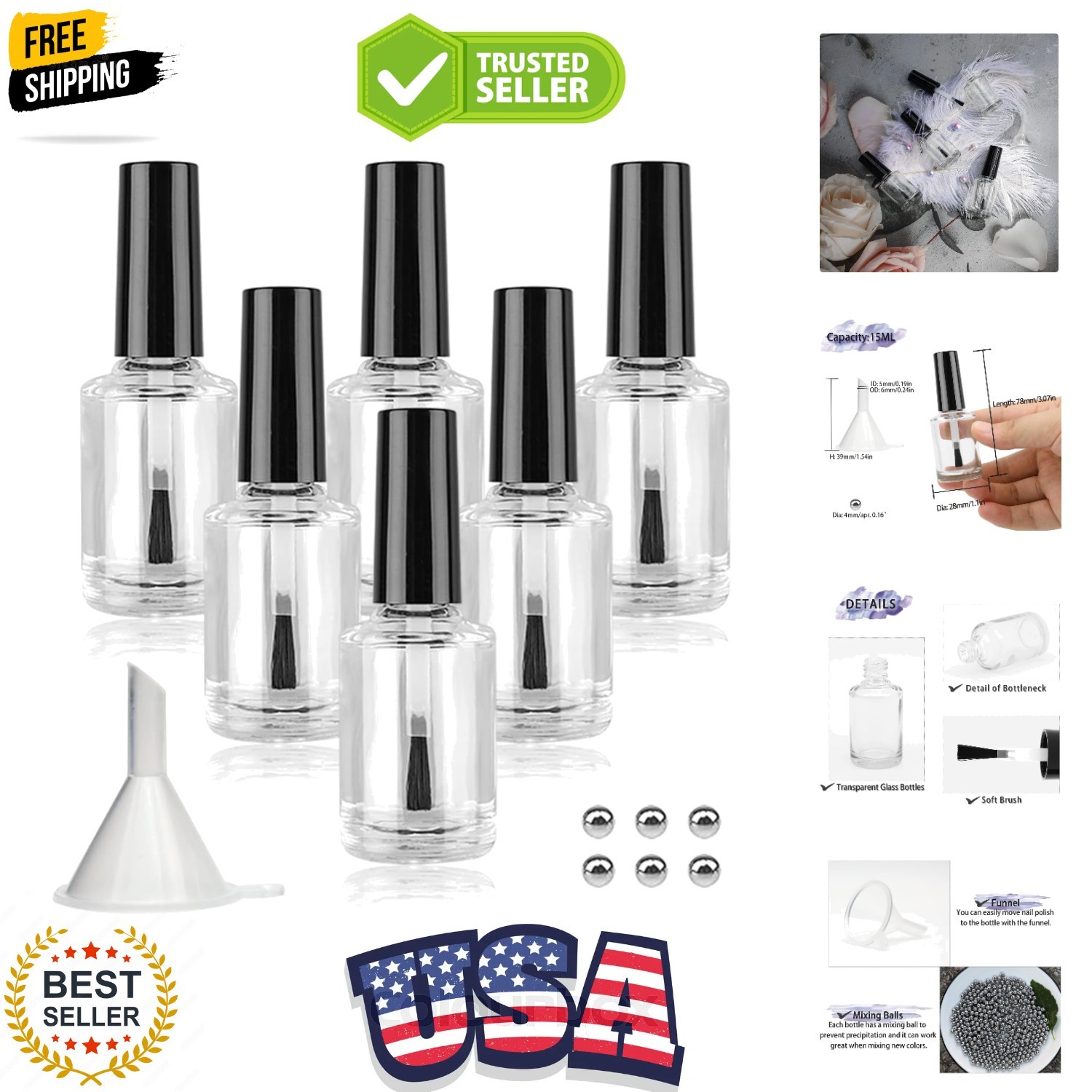 Empty Nail Polish Bottles with Brush Cap, 15ml Empty Glass Refillable Nail Po...