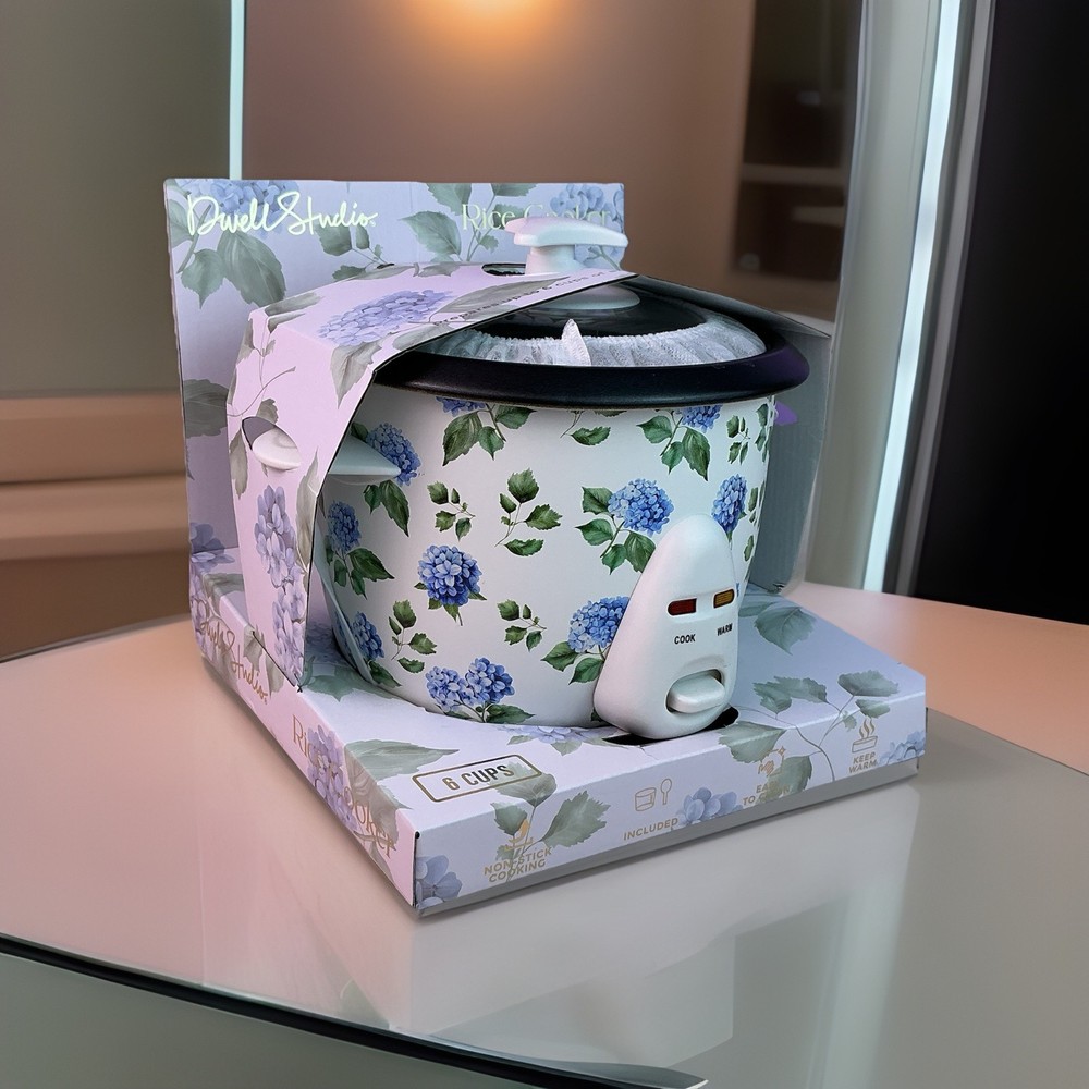 Dwell Studios Rice Cooker Blue Hydrangea Pattern* NEW* Makes 6 Cups/Non Stick*