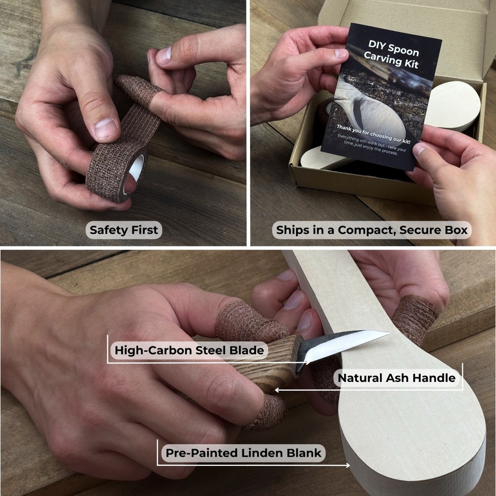 Spoon Carving Kit for Beginners. DIY Carving Set with Hook Knife & Tools.