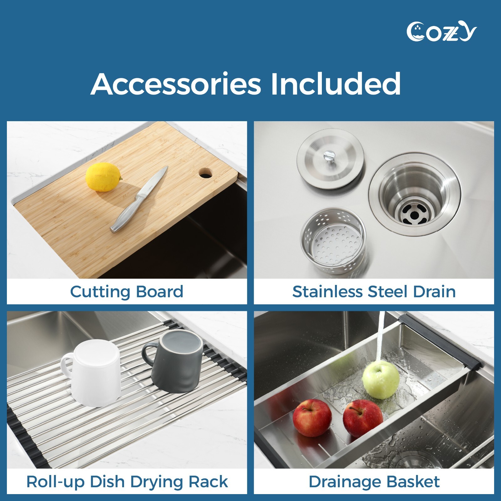 Cozy undermount stainless steel Brush sink 33x19x8 inch with accessory