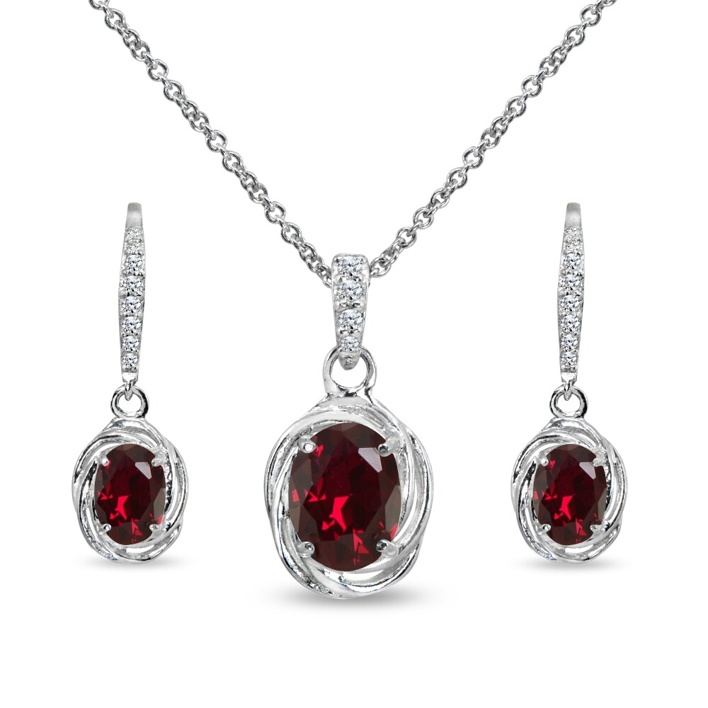 Oval Created Ruby & CZ Sterling Silver Leverback Earrings & Pendant Necklace Set
