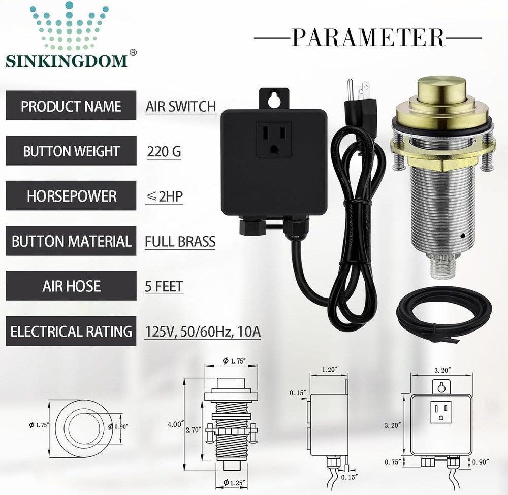 Brass Gold Air Switch Kit for Garbage Disposal - Long Button Design