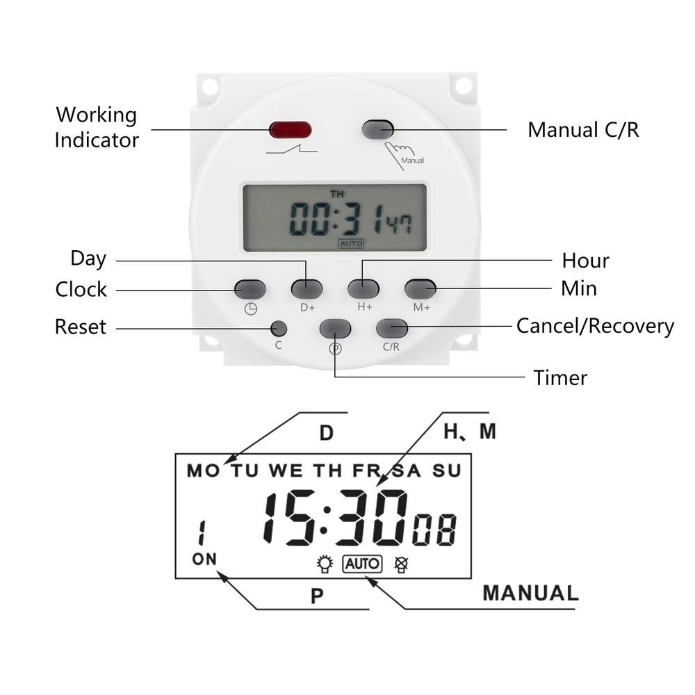 Weasch Timer Switch, CN101A, DC/AC 24V 16Amp, Digital LCD Power Gray