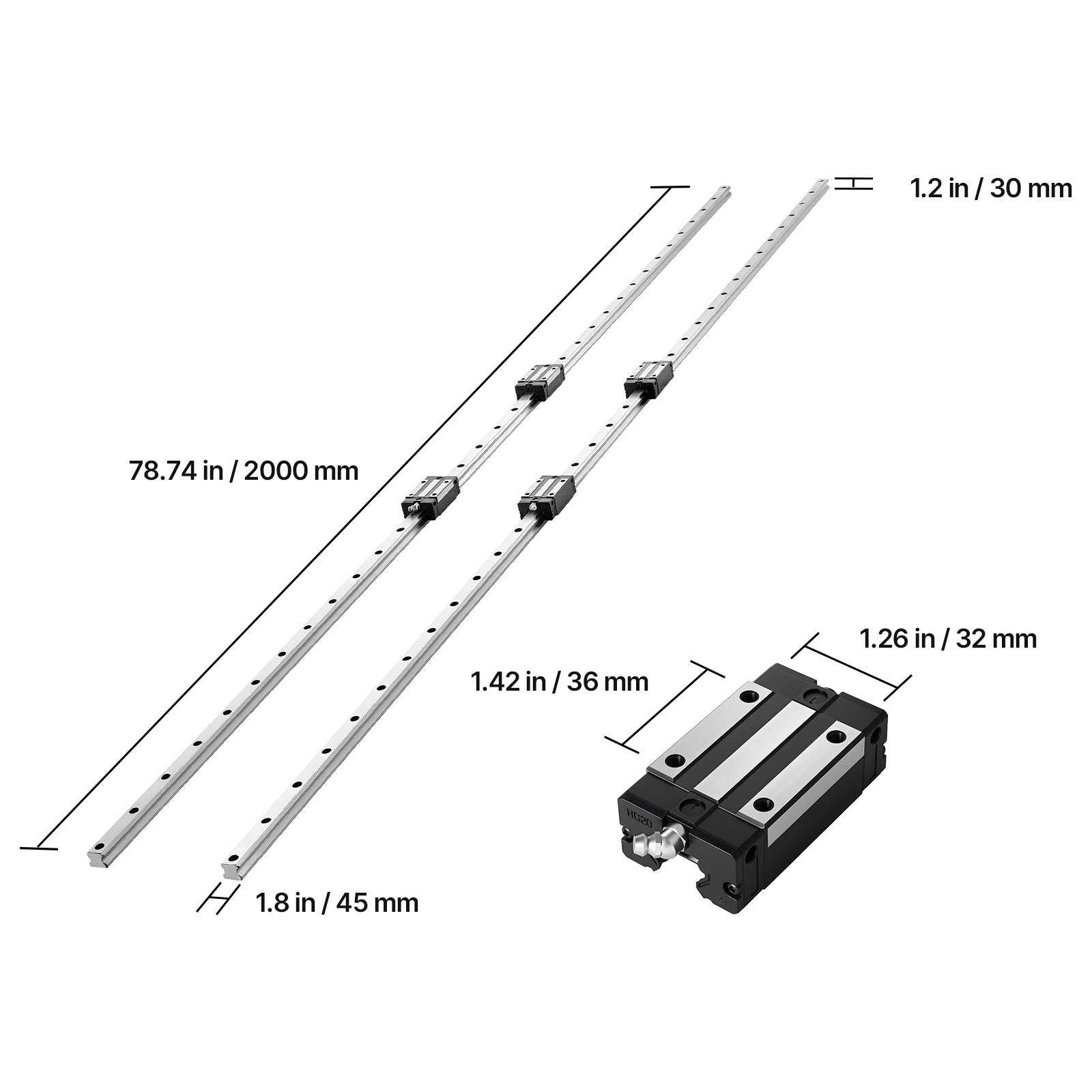 Uimoso Linear Rail Kit HGR20 2Pcs 2000 mm (78.74 in) Guide Rails with 4 Slide
