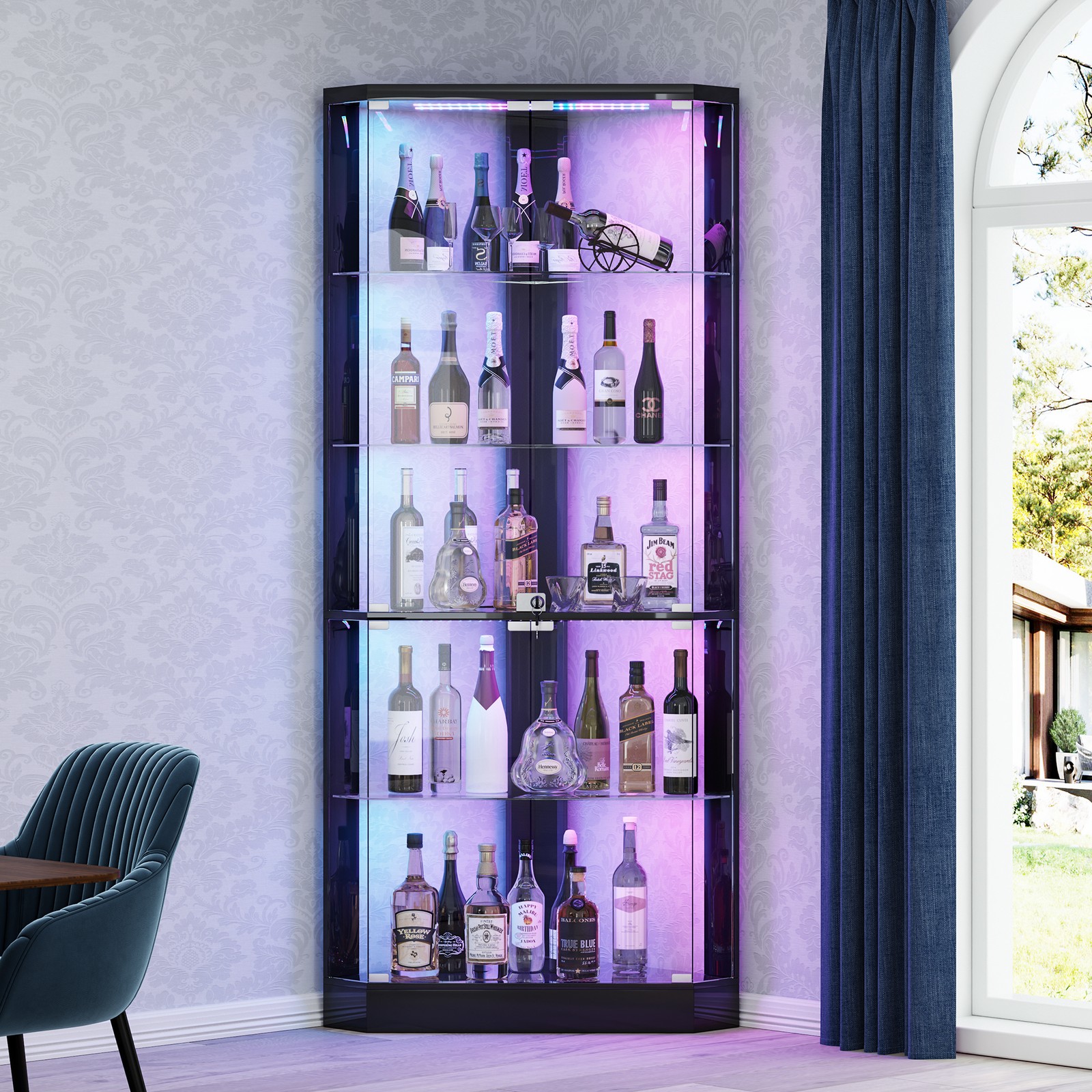 Black Curio Cabinets with RGB Lights, 69" Tall Display Cases for Collectibles