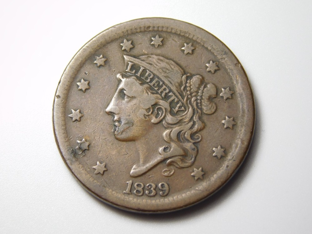 OLD US COIN 1839 DIE BREAK ERROR CORONET HEAD LARGE CENT