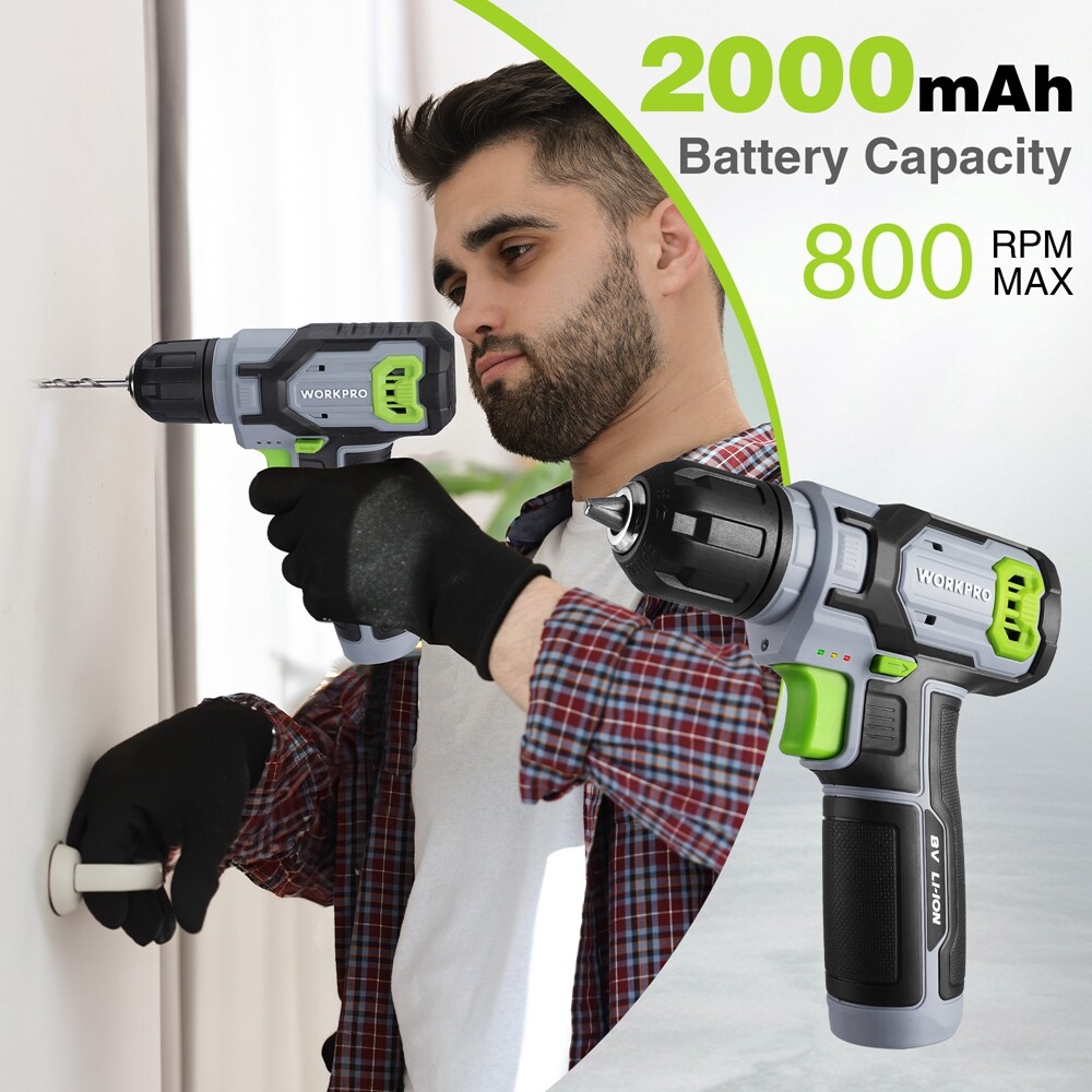 WORKPRO 8V Cordless Drill Driver Set 53pcs Bit Electric Drill 3/8" Keyless Chuck