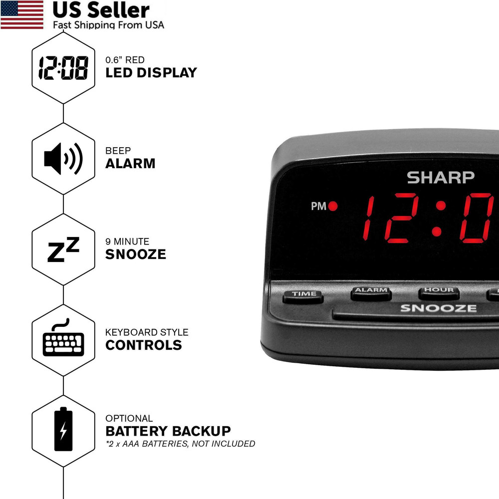 Sharp Digital Alarm Clock with Keyboard Style Controls, Battery Small, Black