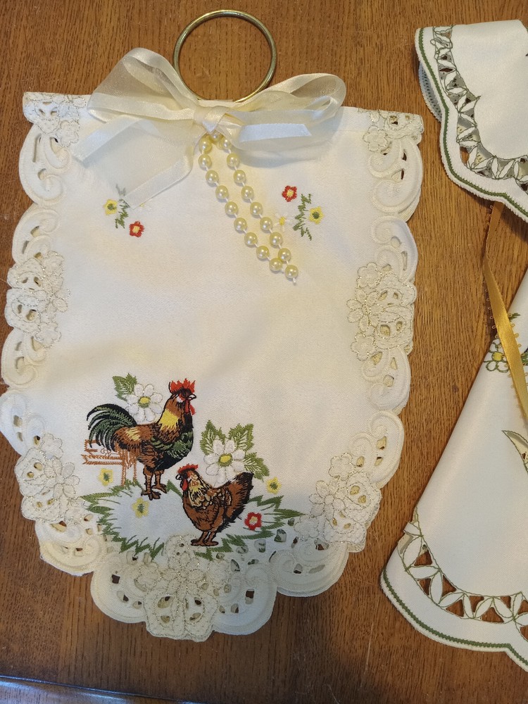 2 KITCHEN SPOON ANGLE HANKY DOLL Embroidered Rooster HANDMADE