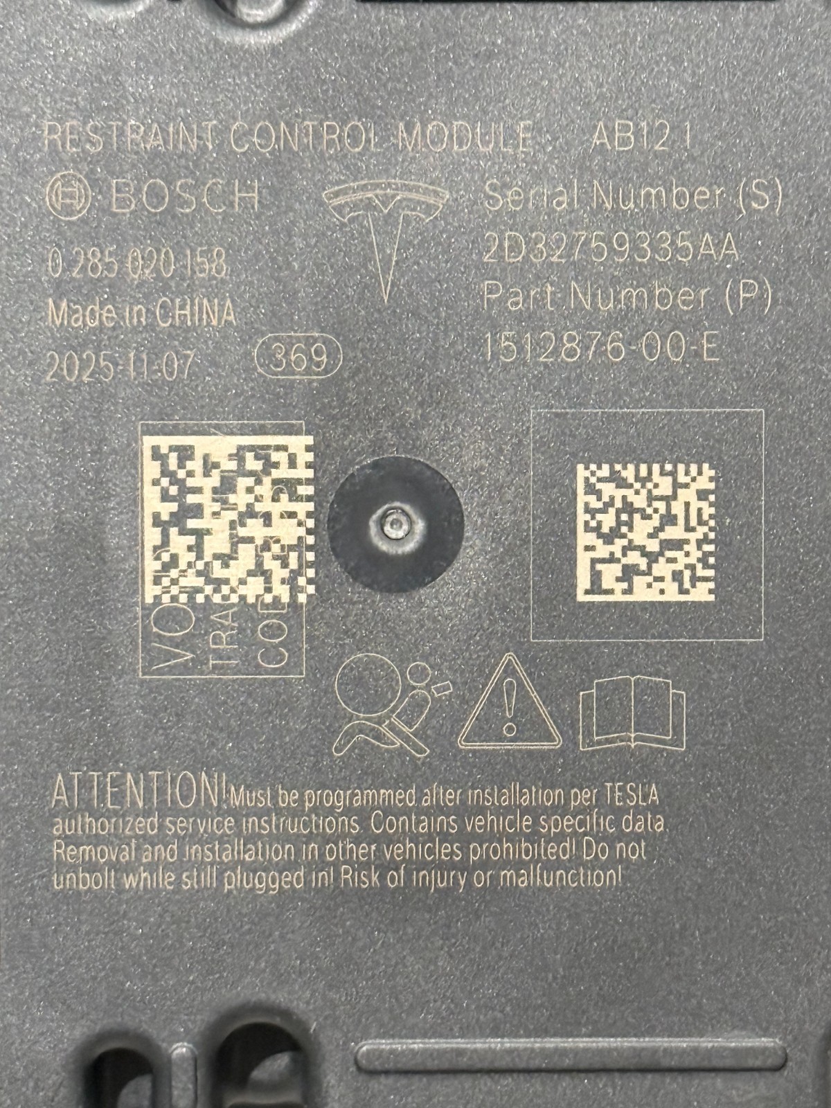 TESLA MODEL SX 3 Y RESTRAINT DIAGNOSTIC COMPUTER MODULE SRS CONTROL 1512876-00-E
