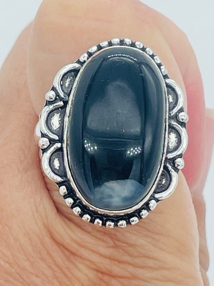 New Black Agate Artisan Made BOHO Silver Tone Oval Bezel Set Ring Size 8