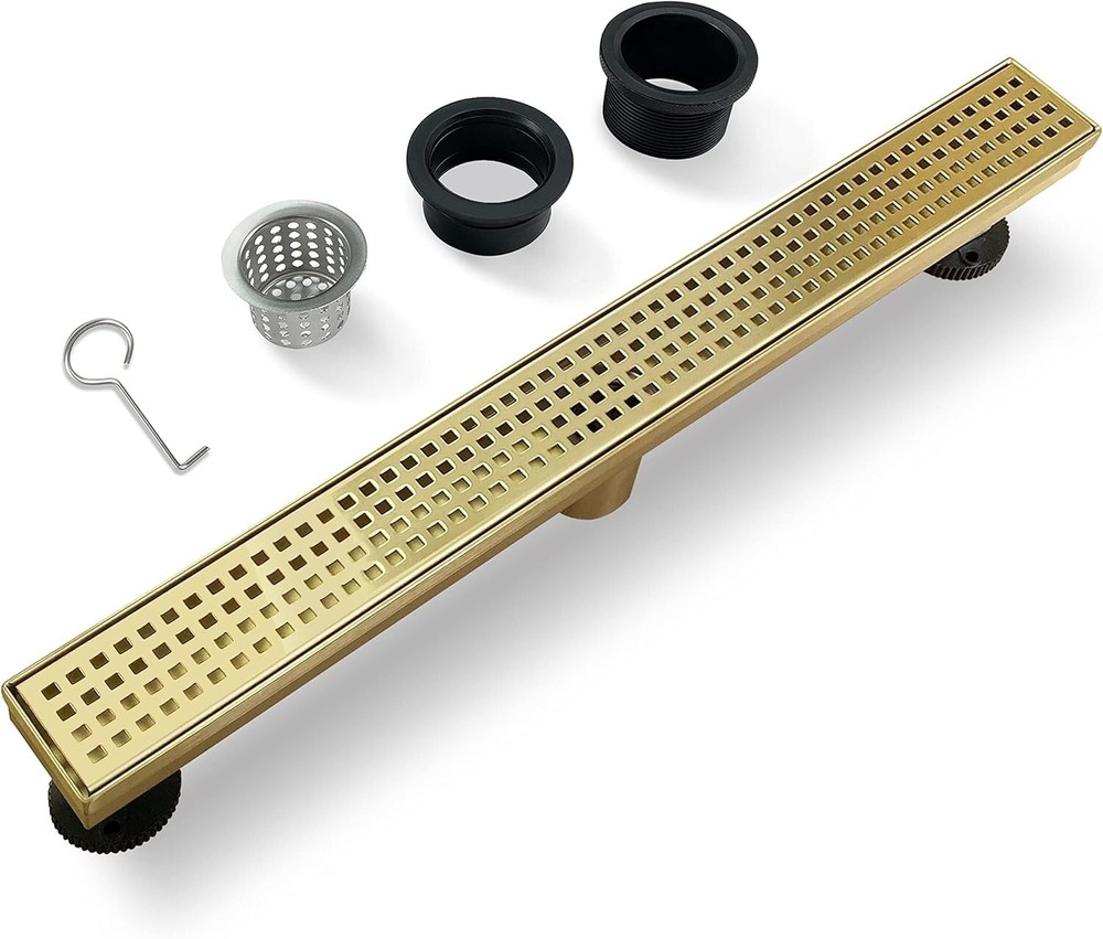 24" Linear Shower Drain, Gold Rectangular Floor Drain with accessories