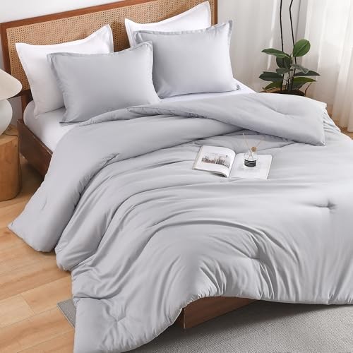 Queen Comforter Set, Boho Solid Reversible Bedding Queen (90"x90") Silver Grey